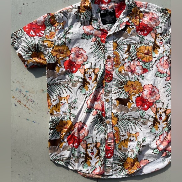 Men's Hot Topic Shirt Multicolor Corgi Hawaiian M TIKI Surf Art Deco Tropical - Picture 5 of 12